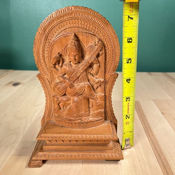 Vintage Hand Carved Wood Hindu Goddess Saraswati Figure Statue 7.5” See Note - Picture 7 of 7